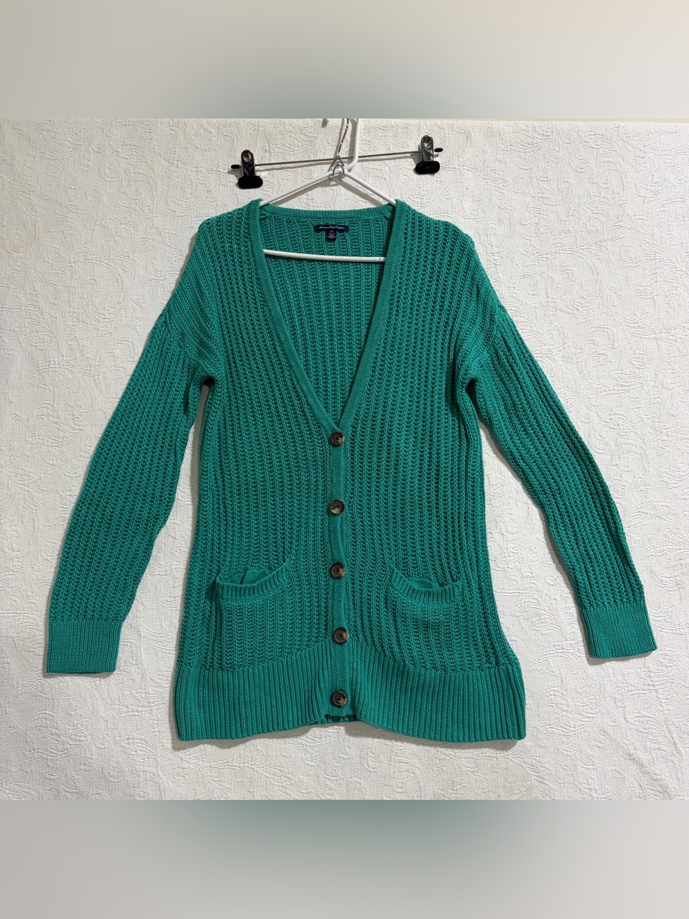 American Eagle Outfitters Teal Knit Button-Up Cardigan